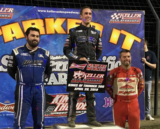 Carson Macedo (top) won big Saturday night at Keller Auto Speedway. With him are Dominic Scelzi (left) and Bud Kaeding.